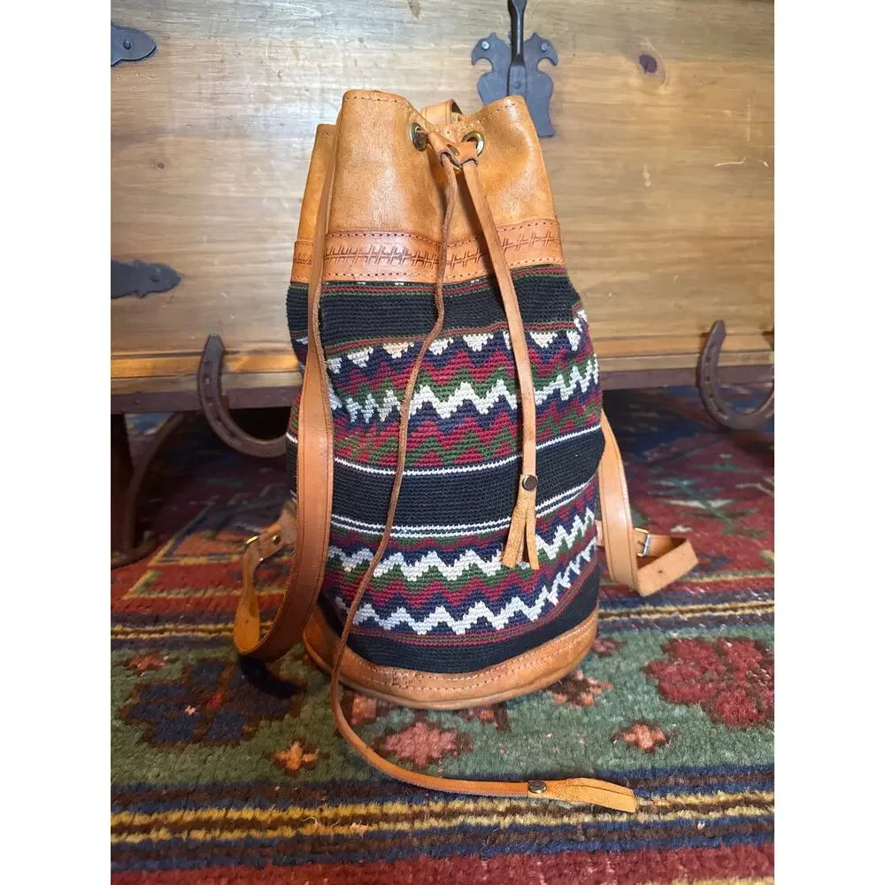 VINTAGE BACKPACK HAND WOVEN WOOL KILIM TOOLED LEATHER SLING PURSE TOTE BAG